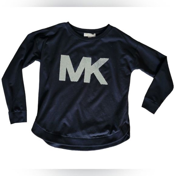 NWOT MICHAEL KORS MICHAEL BLACK LONG SLEEVE SILVER SEQUIN MK LOGO SWEATS… - Picture 1 of 6